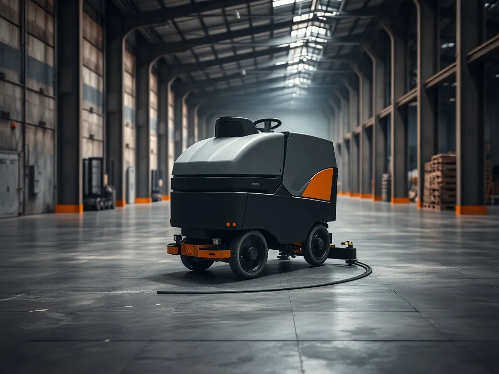 Professional industrial floor scrubber machine working on a