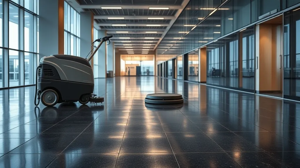 Professional floor cleaning machine on a polished dark stone