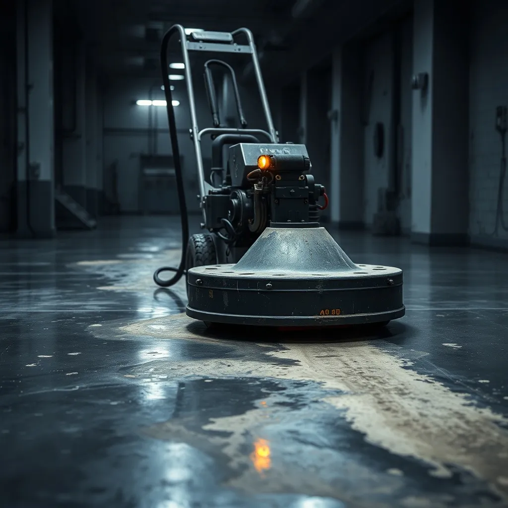 Professional floor stripping machine working on a worn indus